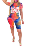 tangerine Fashion Sexy adult Letter Patchwork Print Tie Dye Two Piece Suits pencil Short Sleeve Two Pieces