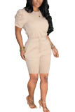 Khaki Fashion Casual adult Ma'am Patchwork Solid Two Piece Suits pencil Short Sleeve Two Pieces