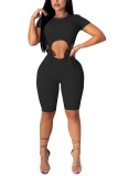 Black Fashion Sexy Patchwork bandage Hollow Solid Short Sleeve O Neck Rompers
