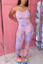 Pink Fashion Light Print Polyester Sleeveless Slip Jumpsuits