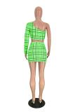 Green Sexy Plaid Print Backless Asymmetrical One Shoulder Long Sleeve Two Pieces