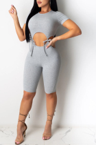 Grey Fashion Sexy Patchwork bandage Hollow Solid Polyester Short Sleeve O Neck Jumpsuits
