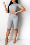 Grey Fashion Sexy Patchwork bandage Hollow Solid Short Sleeve O Neck Rompers