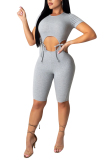 Grey Fashion Sexy Patchwork bandage Hollow Solid Short Sleeve O Neck Rompers
