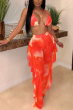 Orange Patchwork Print crop top bandage backless Mesh Hooded Out Fashion Sexy adult Swimwears