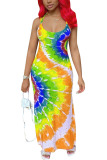 Red Fashion Sexy adult Ma'am Red Blue Yellow Spaghetti Strap Sleeveless Slip Swagger Ankle-Length Print Tie and dye Dresses