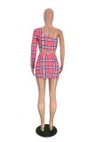 rose red Sexy Plaid Print Backless Asymmetrical One Shoulder Long Sleeve Two Pieces