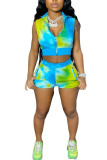 Blue Milk Silk Fashion Sexy adult Ma'am Print Tie Dye Two Piece Suits pencil Sleeveless Two Pieces