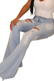 Light Blue Denim Button Fly Mid Patchwork Solid washing Old Boot Cut Pants Bottoms