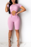 Pink Fashion Sexy Patchwork bandage Hollow Solid Short Sleeve O Neck Rompers