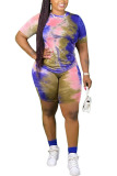 Yellow Polyester Fashion adult Ma'am Sweet O Neck Patchwork Print Tie Dye Two Piece Suits Stitching Plus Size 