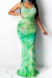 Blue Polyester Fashion adult Ma'am Lightly cooked Blue rose red Light Green purple Dark Red Army Green Tank Sleeveless O neck Mermaid Floor-Length Print Dresses