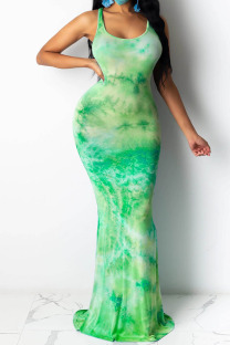 Light Green Polyester Fashion adult Ma'am Lightly cooked Blue rose red Light Green purple Dark Red Army Green Tank Sleeveless O neck Mermaid Floor-Length Print Dresses