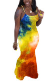 purple Polyester Fashion Sexy adult Ma'am Pink Orange purple Off The Shoulder Sleeveless Slip Swagger Floor-Length Print Tie and dye Dresses