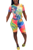 purple Polyester Fashion Casual adult Ma'am Print Tie Dye Two Piece Suits Straight Short Sleeve Two Pieces