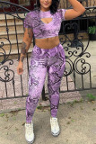 purple Fashion Sexy adult Ma'am Print serpentine Two Piece Suits pencil Short Sleeve Two Pieces
