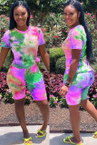 Pink Polyester Fashion Casual adult Ma'am Print Tie Dye Two Piece Suits Straight Short Sleeve Two Pieces