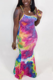 Orange Polyester Fashion Sexy adult Ma'am Pink Orange purple Off The Shoulder Sleeveless Slip Swagger Floor-Length Print Tie and dye Dresses