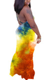 Pink Polyester Fashion Sexy adult Ma'am Pink Orange purple Off The Shoulder Sleeveless Slip Swagger Floor-Length Print Tie and dye Dresses