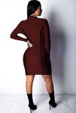 Wine Red Sexy Fashion Cap Sleeve Long Sleeves V Neck Slim Dress Mini Patchwork chain  Club Dresses