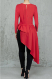 Red Polyester O Neck Long Sleeve Stringy selvedge Solid asymmetrical  Long Sleeve Tops