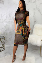 Brown Sexy Fashion Cap Sleeve Short Sleeves O neck Pencil Dress Knee-Length Print Patchwork chain  Club Dr