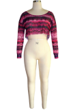 Red Polyester O Neck Long Sleeve Patchwork crop top Mesh  Tees & T-shirts