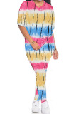 blue and yellow Fashion Casual adult Ma'am Print Tie Dye Two Piece Suits pencil Short Sleeve Two Pieces