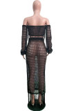 Blue Polyester Sexy Fashion tassel HOLLOWED OUT perspective Patchwork A-line skirt Long Sleeve 