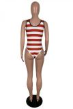 red stripe Polyester Asymmetrical Zippered Striped Fashion Sexy  One-Piece Swimwear