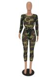 Green Polyester Sexy Fashion Letter perspective Slim fit Solid Two Piece Suits asymmetrical Skinny Long Sl