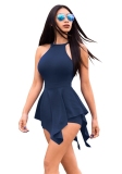 Blue Backless Solid Fashion sexy Rompers