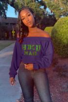 purple Polyester One word collar Long Sleeve Letter Solid asymmetrical  Tees & T-shirts