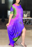 purple Milk. Fashion adult Ma'am Street Cap Sleeve Short Sleeves O neck Princess Dress Floor-Length Print Tie and dye asymmetrical Dresses