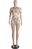 Yellow Polyester Sexy Fashion Patchwork Print Straight Short Sleeve  Two-Piece Short Set