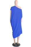 Royal blue Polyester Street One Shoulder Short Sleeves one shoulder collar Lantern skirt Mid-Calf Solid  Club D