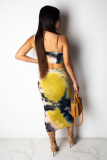 Yellow Polyester Sexy Fashion asymmetrical Print crop top Bandage Two Piece Suits Skinny  Two-Piece Dress