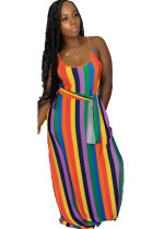Multi-color Polyester Fashion Sexy Spaghetti Strap Sleeveless Slip A-Line Floor-Length Print Patchwork Striped  