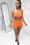 Orange Sexy Fashion diamonds Solid Patchwork Hip skirt Sleeveless Two-Piece Dress