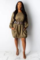 Brown Polyester Casual lantern sleeve Long Sleeves O neck Lantern skirt Knee-Length Solid  Casual Dresses
