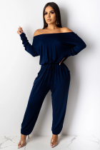 Dark Blue Casual Fashion Solid Polyester Long Sleeve one word collar  Jumpsuits