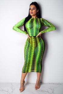 Green Polyester Fashion Sexy Cap Sleeve Long Sleeves O neck Step Skirt Mid-Calf perspective Print  Club Dr