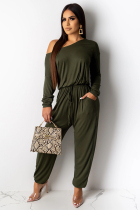 Army Green Casual Fashion Solid Polyester Long Sleeve one word collar  Jumpsuits