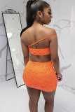 Orange Sexy Fashion diamonds Solid Patchwork Hip skirt Sleeveless Two-Piece Dress
