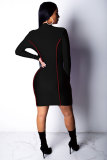Black Sexy Fashion Cap Sleeve Long Sleeves V Neck Slim Dress Mini Patchwork chain  Club Dresses