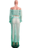 Green Polyester Sexy Fashion tassel HOLLOWED OUT perspective Patchwork A-line skirt Long Sleeve 