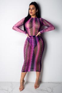 purple Polyester Fashion Sexy Cap Sleeve Long Sleeves O neck Step Skirt Mid-Calf perspective Print  Club Dr