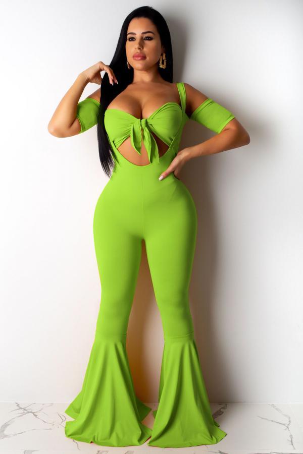Fluorescent green Sexy Fashion Solid crop top Bandage Slim fit asymmetrical HOLLOWED OUT Straight Two-piece