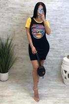 Black Polyester Casual Fashion Cap Sleeve Short Sleeves O neck Straight Mini Solid Patchwork Character Pri