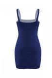 Blue Fashion Sexy Spaghetti Strap Sleeveless Slip Sheath Mini Solid backless Sequin Club Dress